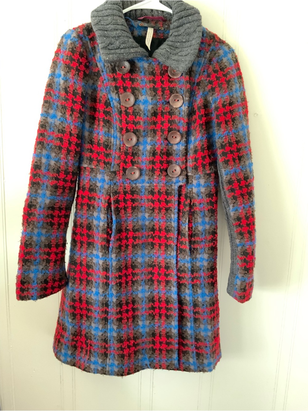 Free People Red, Blue & Gray Plaid Double-Breasted Pea Coat with Ribbed Collar